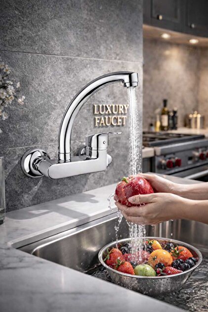 Duvardan Çift Su Girişli Mutfak ve Banyo Lavabo Bataryası Musluğu