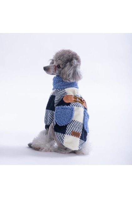 Lacivert Chicago Checks v2 Ekose Desenli Düğmeli Köpek Ceketi Kalın Peluş Köpek Kıyafeti Kedi Kıyafe