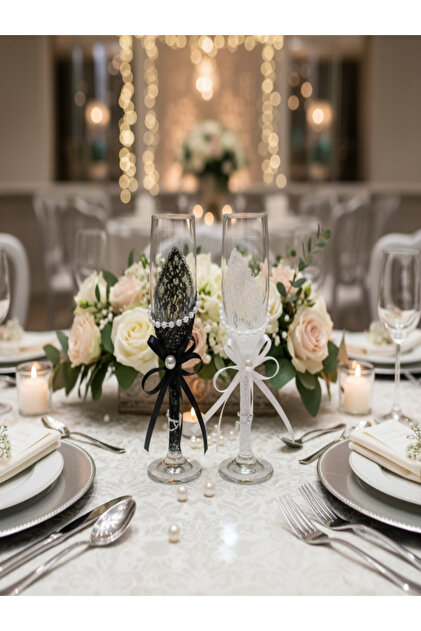 Wedding Bride & Groom Champagne Flute Glass Set of 2 – White & Black Design