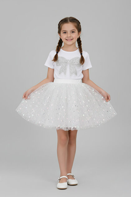 FATELLA Girl's Silver Glitter Bow Detailed T-Shirt Patterned Tulle Skirt  Set April 23 Show Outfits- Trendyol
