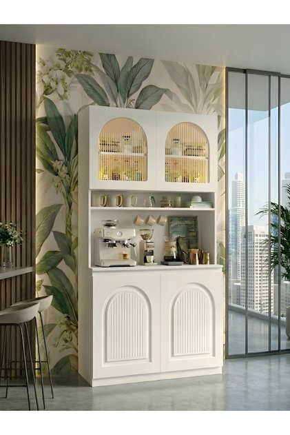 Premium MDF Ürün Bohem Kahve Köşesi-Nervürlü Camlı Lake Kapak Mutfak Barı Çok Amaçlı Dolap 100x205