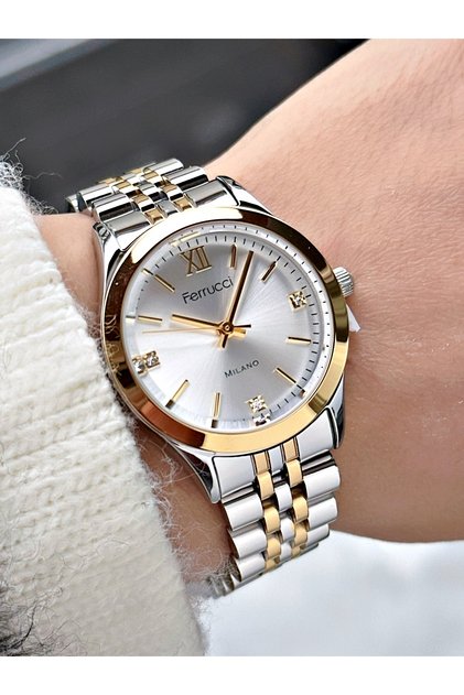 Special Design 24 Months Warranty Steel Cord Silver-Gold Color Women Wristwatch Frc2045Mr