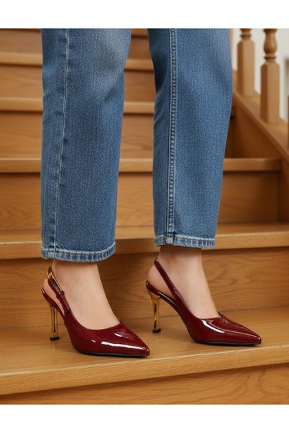 Burgundy Patent Leather Stiletto Gold High Heeled Buckle Women's Shoes 9cm