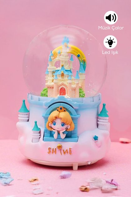 Müzikli LED Işıklı Prenses Şato Kar Küresi Mavi Çocuk Gece Lambası Dekoratif Hediye