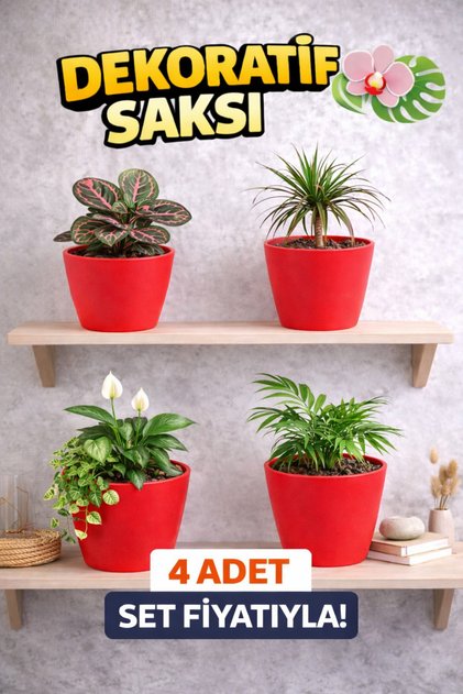 Modern Kırmızı Saksı Seti (4 Adet) | Orkide ve Ev Bitkileri İçin