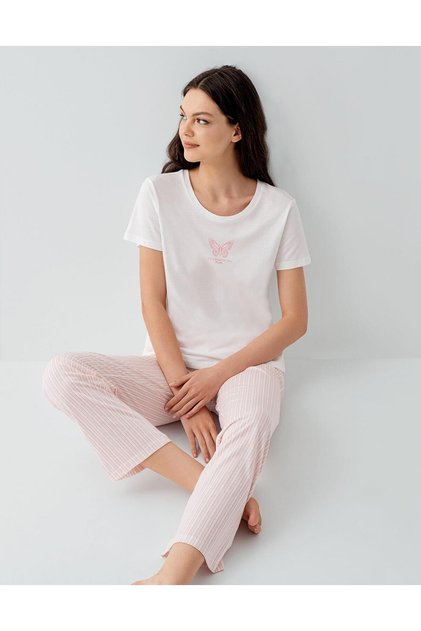 Women's Summer 50% Cotton 50% Modal Pajama Set – Short Sleeves, Striped Bottoms, Comfortable Home Wear