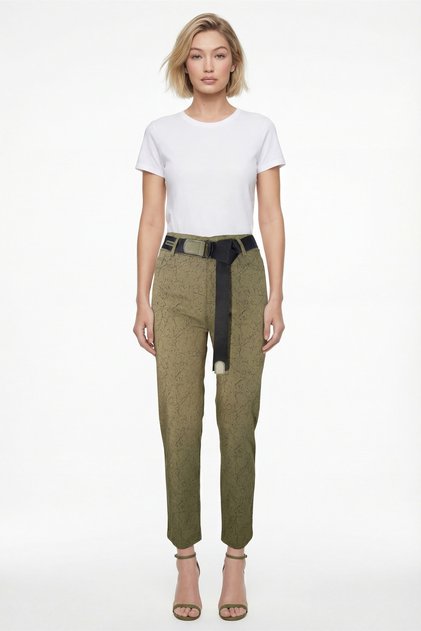 Women's Khaki Summer Patterned Belted Trousers with Accessories