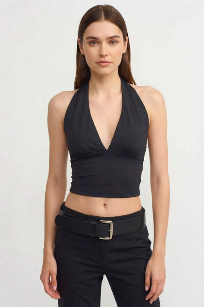 Women's Halter Neck V Crop Bustier-Black