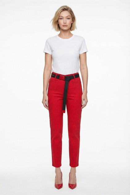 Women's Red Summer Patterned Pants with Belt and Accessories