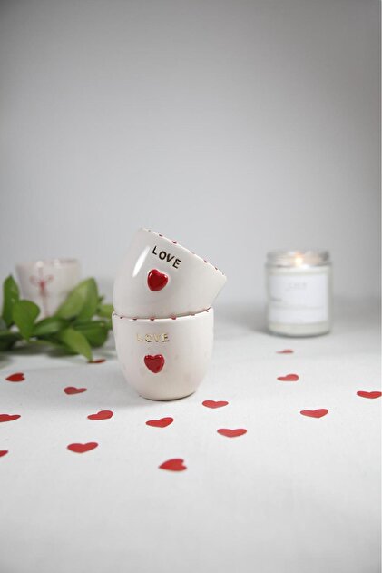 Heart-Shaped 2-Piece Valentine's Day Themed Ceramic Cup with 24K Gold Detail, 150 ml Handleless Cup