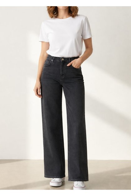 Women's High Waist Pocket Detailed Palazzo Denim Trousers