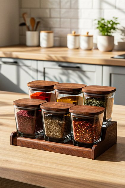 Prime - 7 Parça Standlı Ahşap Vakumlu Kapaklı Baharatlık Seti Standlı Saklama Kabı 300 ml