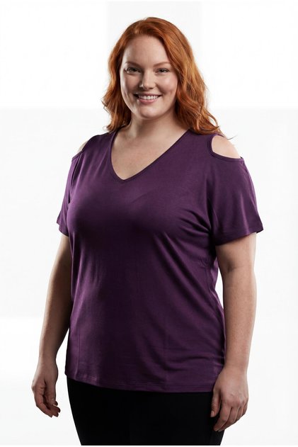 Women's Plus Size Off-The-Shoulder V-Neck Viscose Purple T-Shirt – Front and Back V-Neck