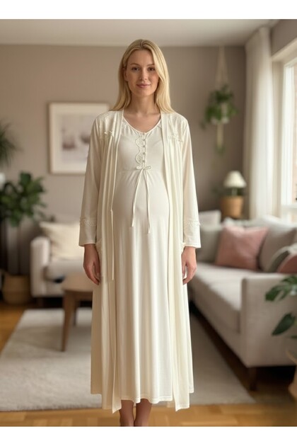 New Season Ecru Buttoned Stylish Lace Detailed Raglan Sleeve Summer Maternity Maternity Dressing Gown Nightgown Set of 2