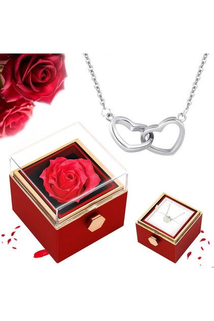 Set Cadou Trandafir Etern cu Colier Inima Dubla, Otel Inoxidabil, Cutie Rotativa, Argintiu