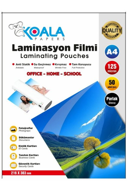 125 Micron A4 Parlak Laminasyon Filmi 216 x 303 50’Lİ