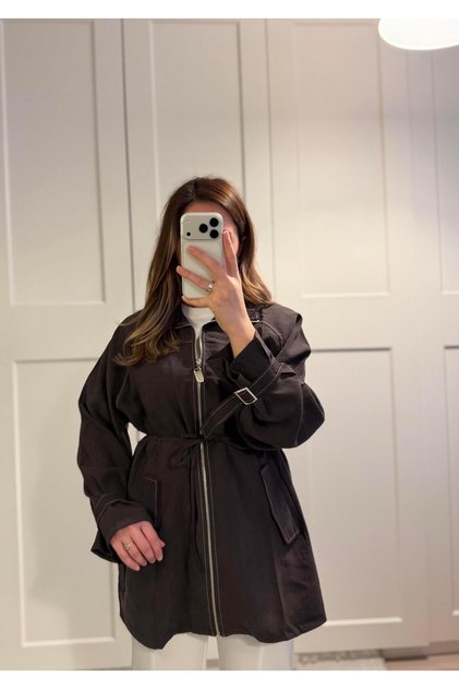 Fermuarlı Tencel Kap Kahverengi