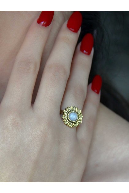 Natural Stone Moonstone Round Natural Stone Antique Adjustable Women's Ring Euy92Ay