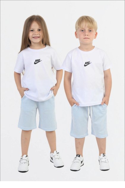 Unisex Kids White Logo Printed T-Shirt and Green Striped Shorts Summer Two-Piece Set