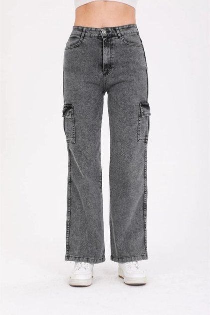 Catina Hot Fashionnova Smoked Snow Cargo Pocket Loose Lycra Super High Waist Loose Leg Jeans