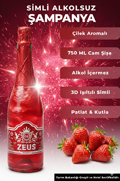 OS ZEUS Simli Alkolsüz Şampanya Çilek Aromalı 750 ML Gazlı