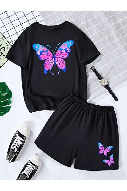 Summer Pink Blue Butterfly Printed Girls' Black Bottom-Top Shorts T-Shirt Set