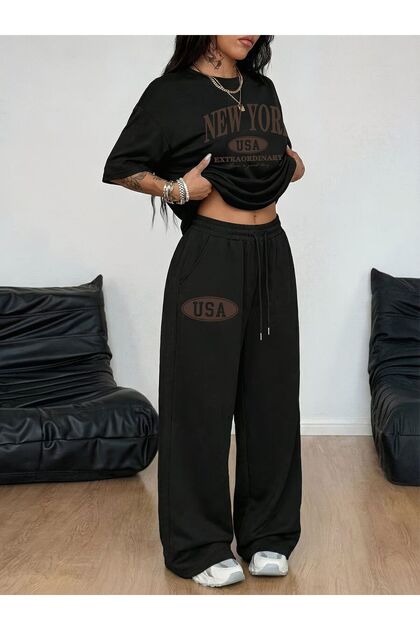 Kadın New York Usa Baskılı Oversize T-shirt ve Baggy Eşofman Altı - İkili Yazlık Eşofman Takımı