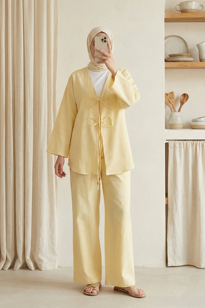 Lace-Up Kimono Pants Set Light Yellow