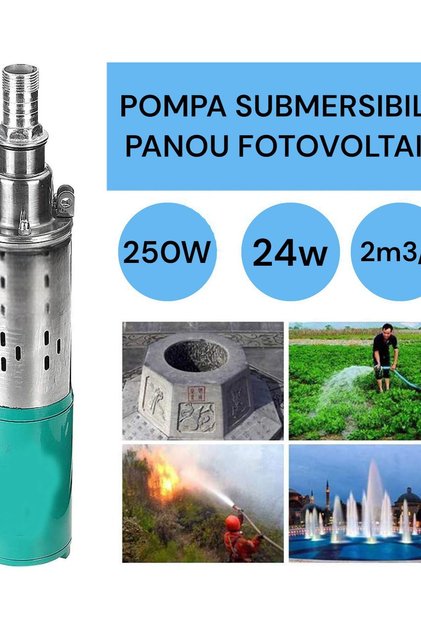 Pompa apa submersibila pentru panou fotovoltaic, otel inoxidabil, 24v, 12.5A, 250W, 2m3/h, 4kg