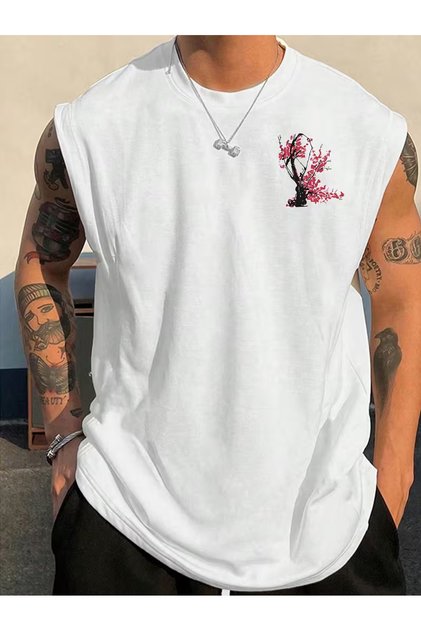 Men's White Original Printed Oversize Cut Cotton Crew Neck Undershirt