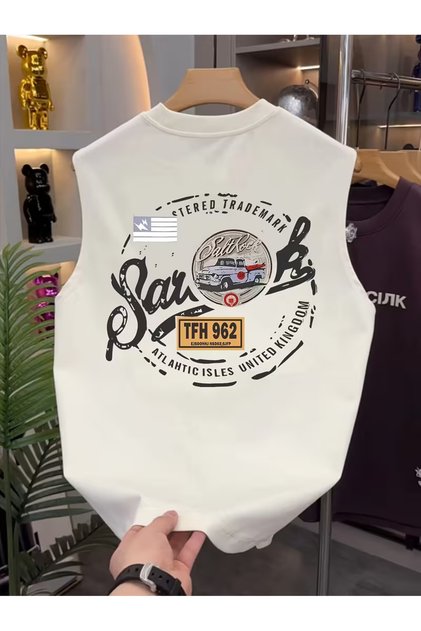 Men's White Original Printed Oversize Cut Cotton Crew Neck Undershirt