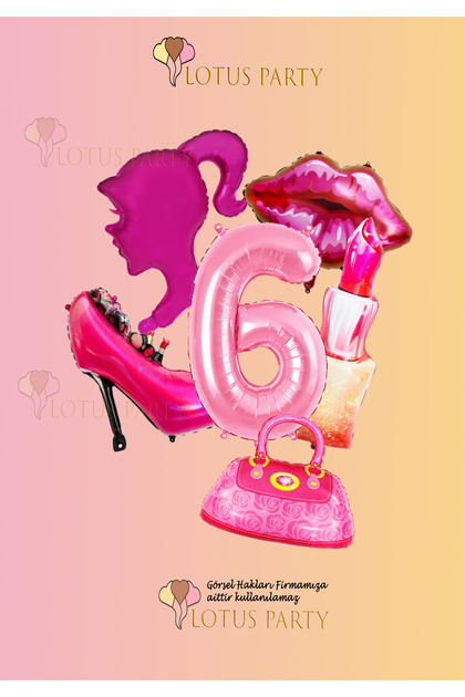 Kokoş Girl Themed Set - Cici Girl Themed Set Lipstick Bag Stiletto Pink Head Foil Balloon 6 Years Old
