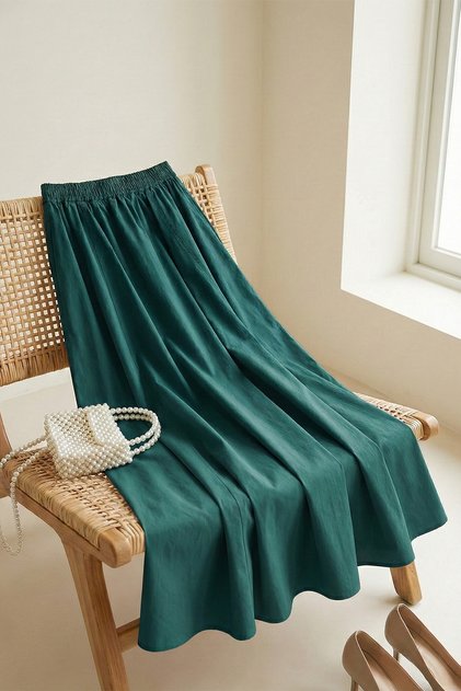 Soft Poplin Flared Skirt with Pocket Detail – Emerald Green - Emerald