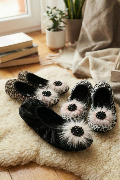 Set of 3 Women's Black Home Slippers with Stones and Feathers, Stylish Home Shoes, Booties, Slippers