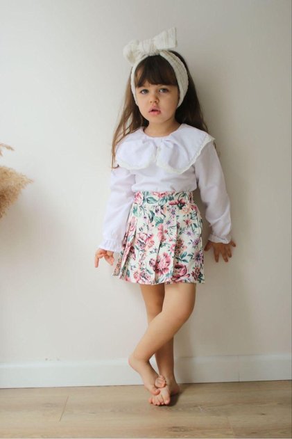 Kız Çocuk Bebe Yakalı Bluz Çiçek Desenli Pileli Etek Set-J3017 - JLB-060