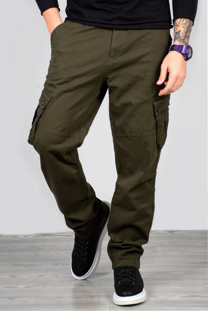 Khaki Wide Cut Gabardine Cargo Pants – Lycra Outdoor Style Multi-Pocket Men's Trousers 1705421