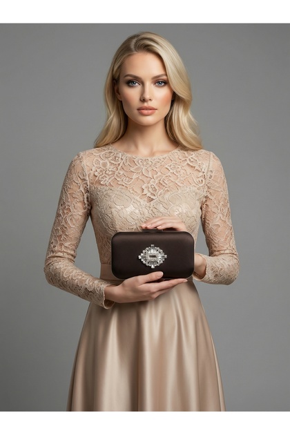 Brown Z.A.R.A. Satin Silver Detailed Crystal Stone Chain Women's Evening Dress Bag Wedding Engagement Graduation
