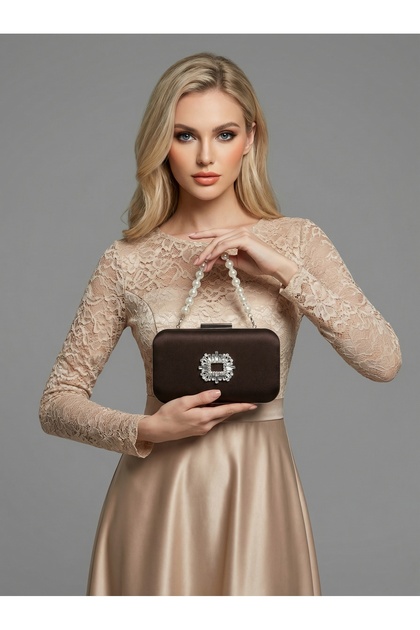 Bianta Brown Z.A.R.A. Satin Silver Detail Crystal Stone Embroidered  Women's Evening Dress Bag Wedding Engagement Graduation- Trendyol