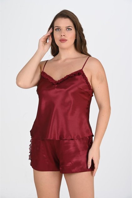 Women'S, Plus Size, Burgundy, Satin Shorts Set
