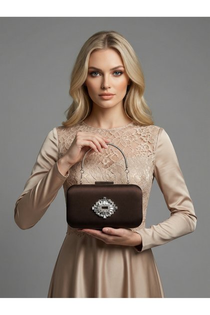Brown Z.A.R.A. Satin Silver Detailed Crystal Stone Chain Women's Evening Dress Bag Wedding Engagement Graduation