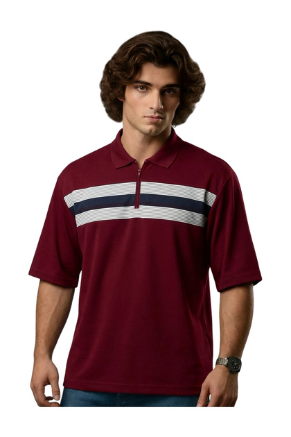 Zippered Men's Large Size Lycra Pique Polo Collar Printed T-Shirt, Suitable for Weight Ranges 115 - 138 Kg, Burgundy