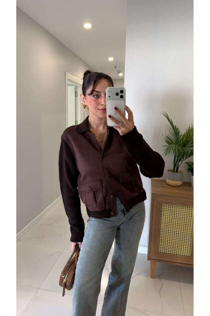 Jufres Coffee Premium Garnished Knitwear Detailed Jacket