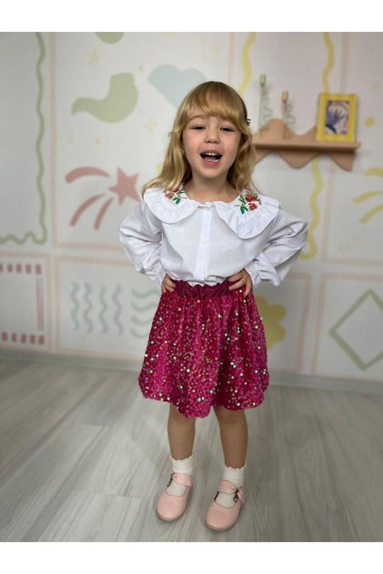 Cherry Color Sequined Skirt & Embroidered Blouse Children's Set