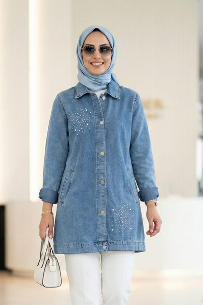 Women's Stone Embellished Buttoned Blue Denim Jacket