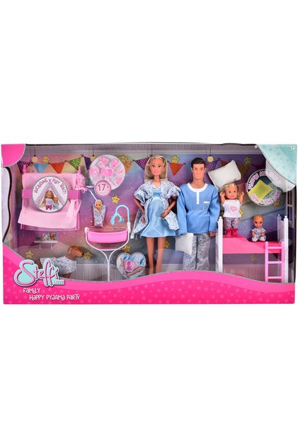 Set Steffi Love Family Happy Pijamas Party 29 cm cu 4 papusi, 1 caine si accesorii