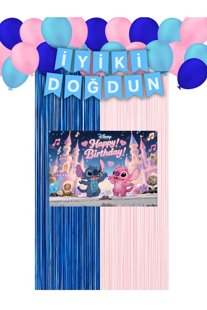 Stıc Lilo & Stiç Angel Baby Birthday Curtain & Happy Birthday Banner Party Supplies 50X70 cm