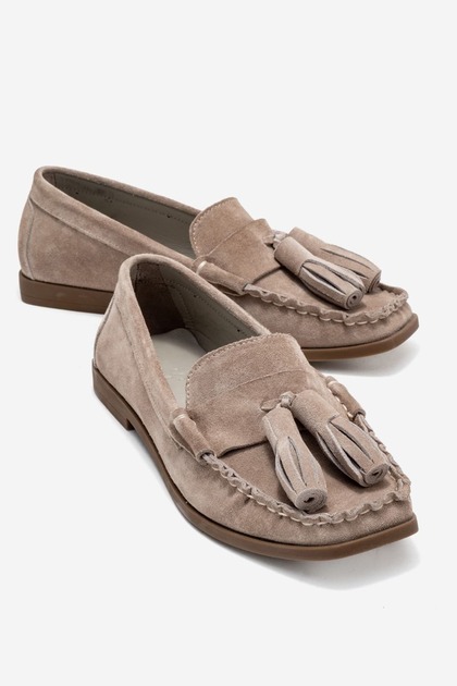 Women's Genuine Leather Loafers Tassel Detailed Mink Suede Siena Color-Match Leather Lining