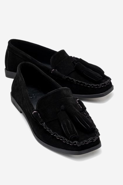 Women's Genuine Leather Loafers Tassel Detailed Black Suede Siena Color-Match Leather Lining