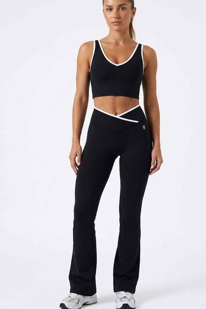 Women's Black and White Contrast Piping Cross Waist Spanish Flare Leggings and V-Neck Crop Set