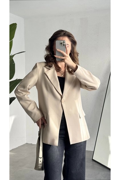 Kadın Krem Oversize Blazer Ceket Tek Düğmeli Klasik Ofis Ceketi Şık Günlük Kumaş Ceket